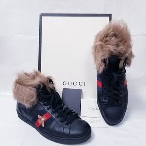 Gucci Black Sneakers with Fur and Red Stripe